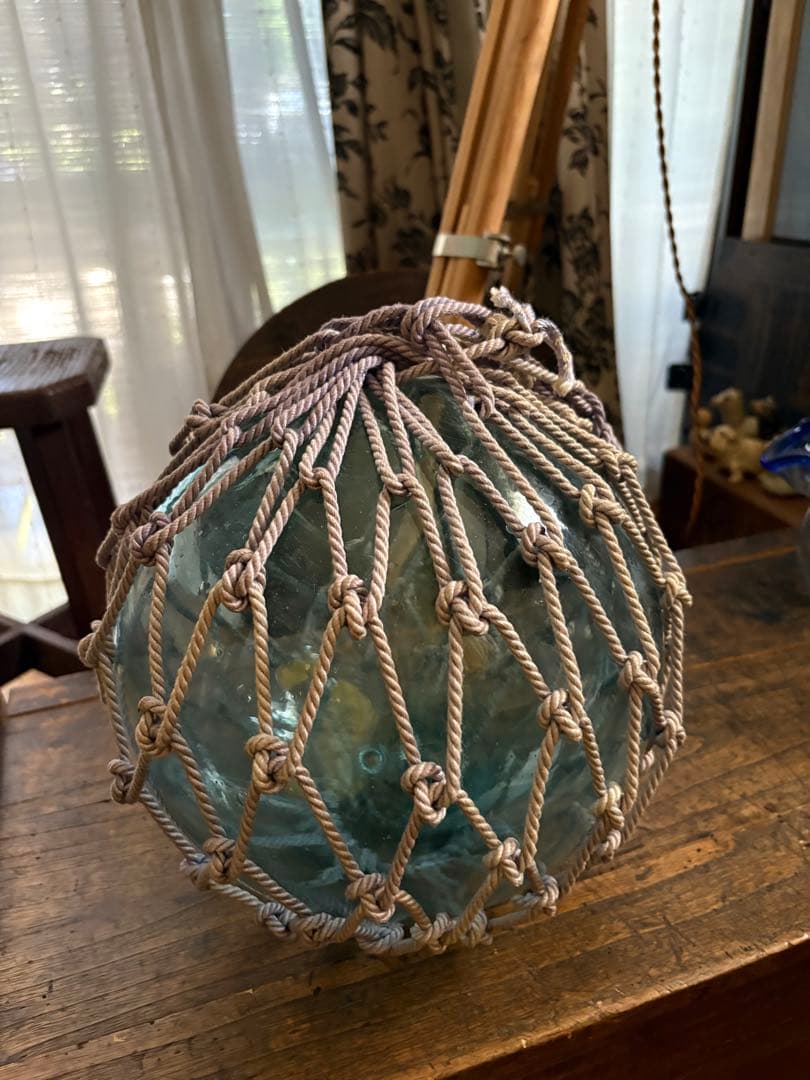 【特大25cm】ヴィンテージ 浮ガラス 浮き玉 吹きガラス 網付レトロ オブジェ