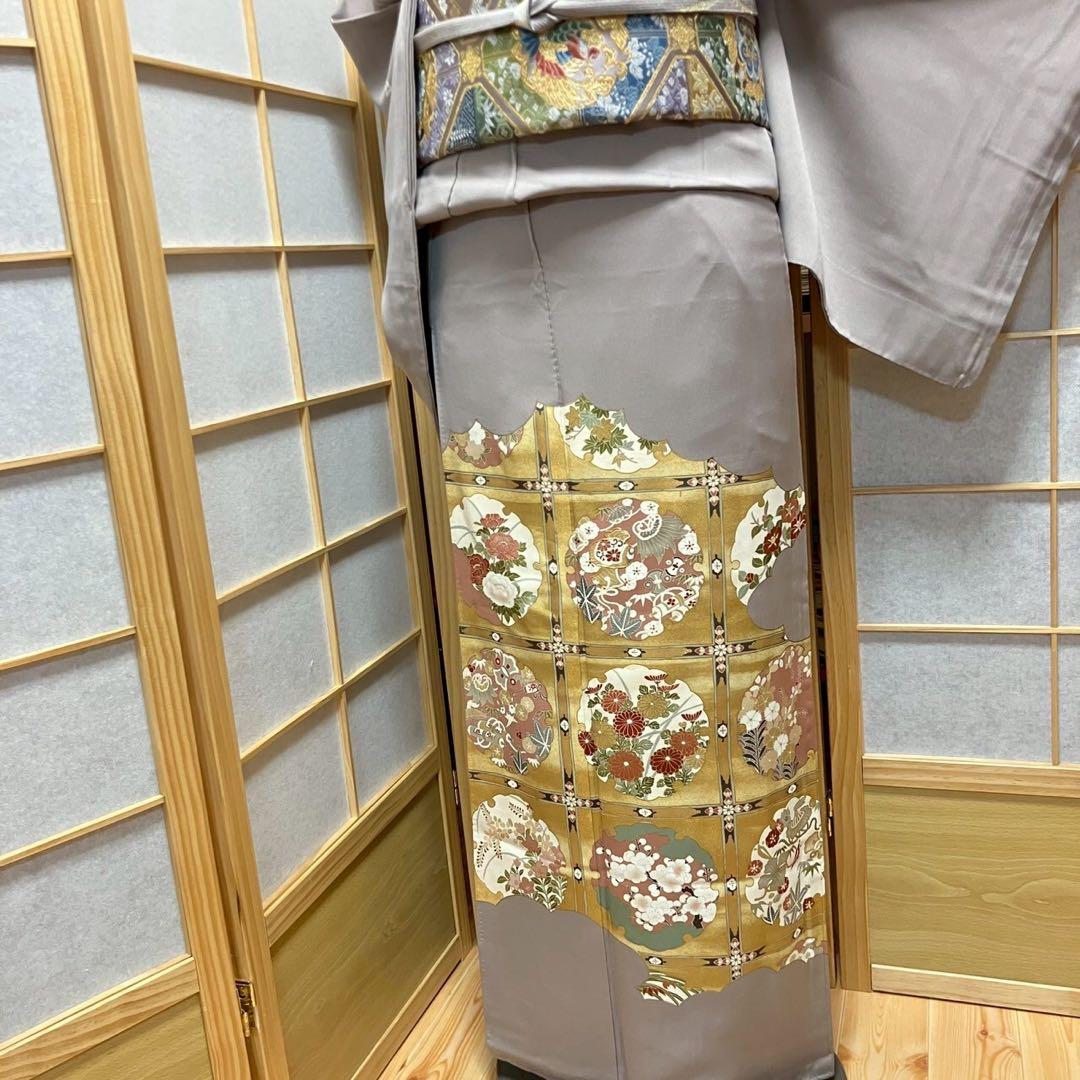 ［4429］色留袖 雪輪花文様 金彩 三つ紋 渡辺星 正絹 着物 袷