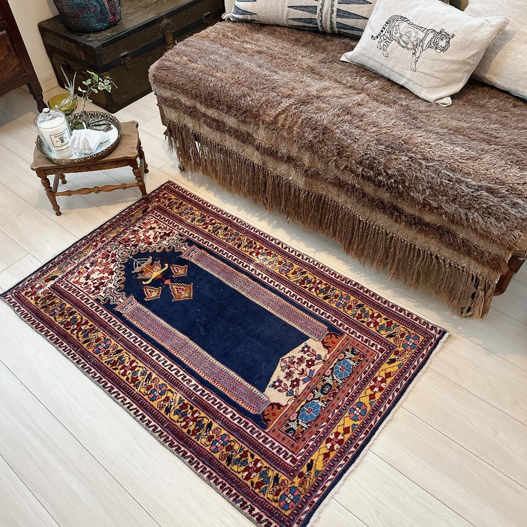 トルコ製ヴィンテージラグ838レア 高級 カイセリ ネイビー イエロー ピンク