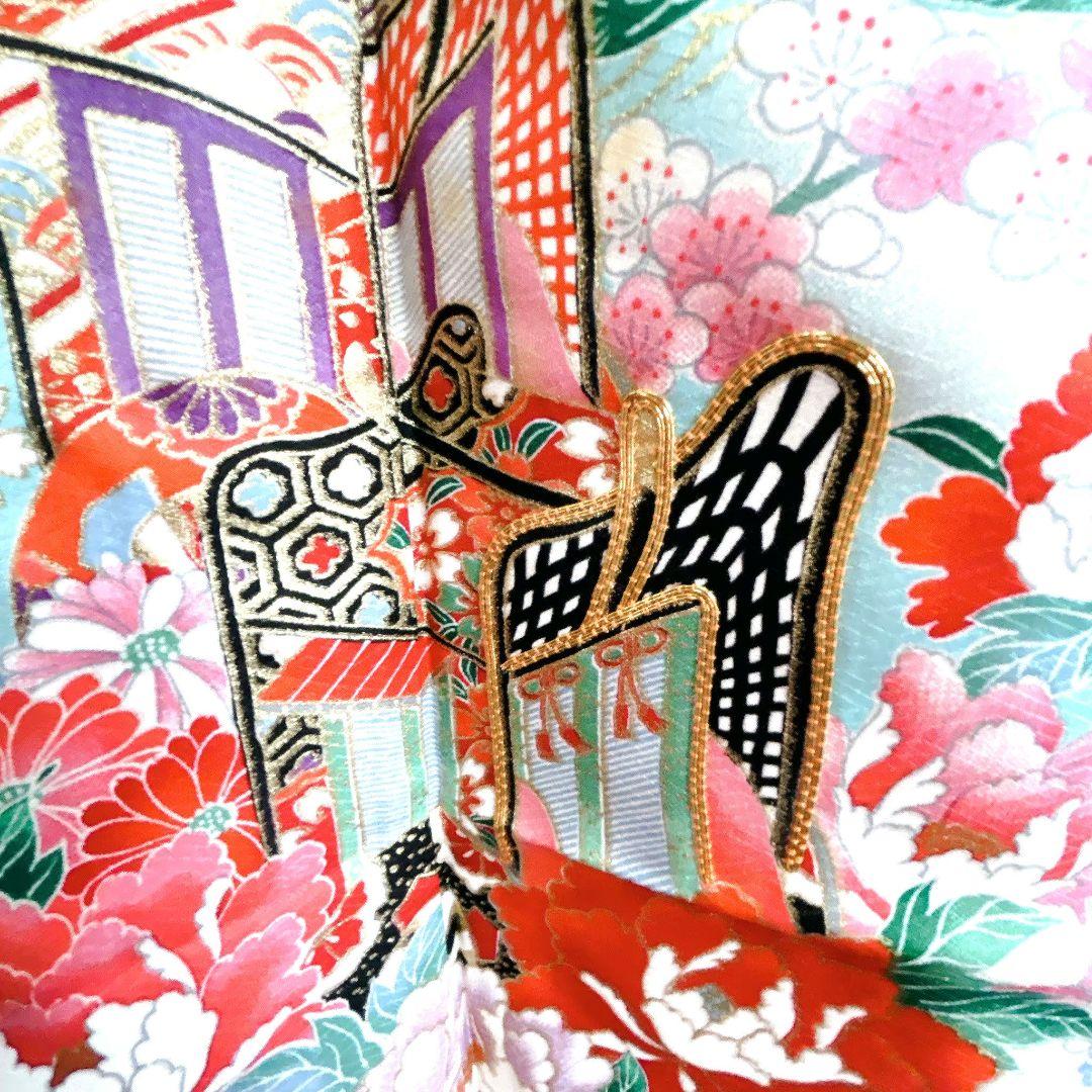 セット　七五三 ７歳女の子 長着＆袖なし長襦袢＆帯＆小物　黒×赤　金糸花御所車鶴