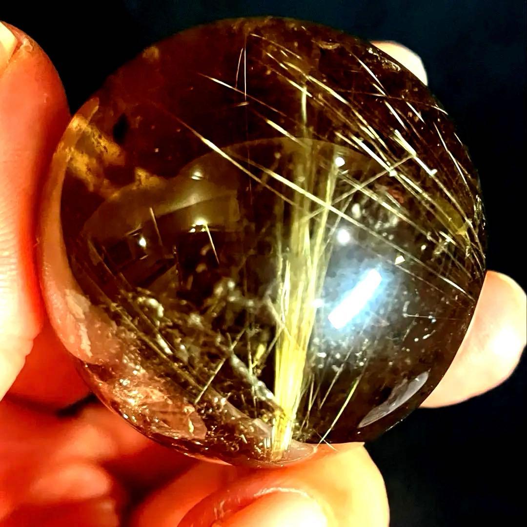 42mm 虹入りゴールドルチルクォーツ　丸玉　スフィア　金針水晶