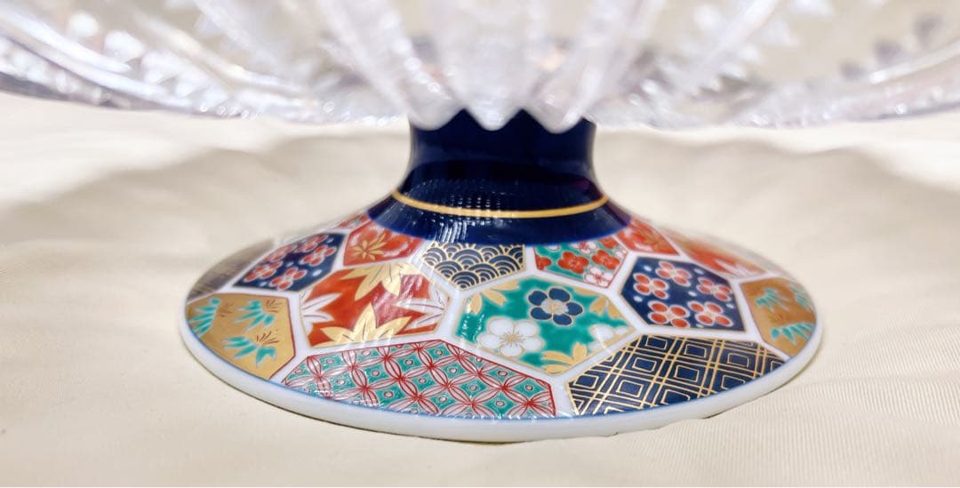 高級創作陶芸　波佐見焼　林九郎窯　古伊万里亀甲　ガラスコンポ－ト　高台付き超大皿