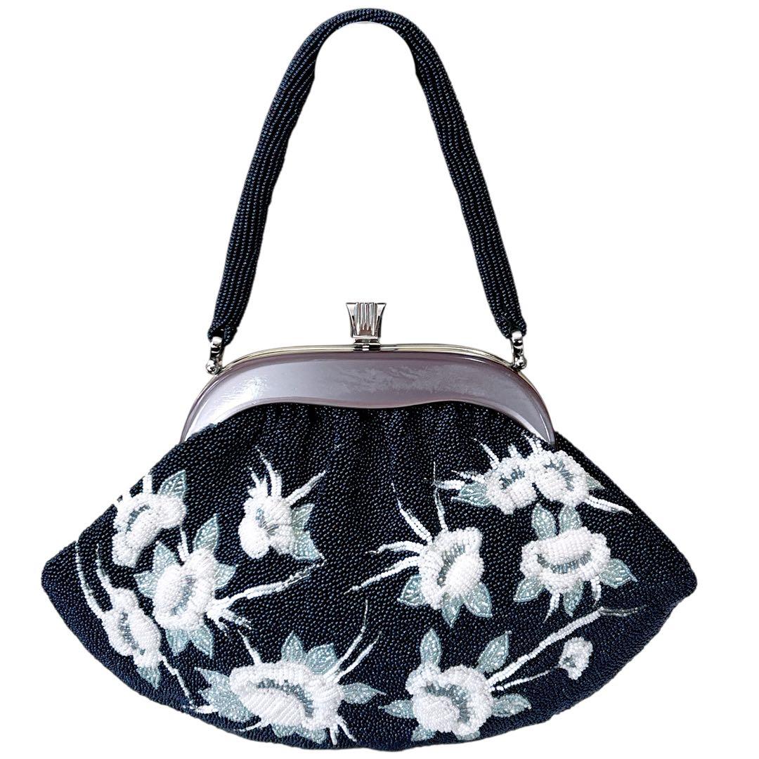 手刺繍 総ビーズバッグ 花柄 ワンハンドル がま口 和装バッグ ハンドメイド