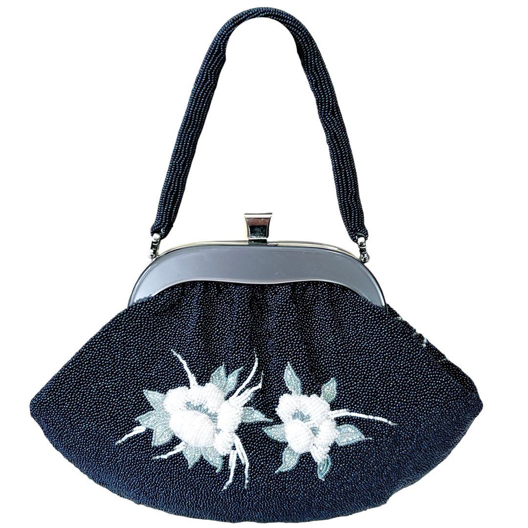 手刺繍 総ビーズバッグ 花柄 ワンハンドル がま口 和装バッグ ハンドメイド