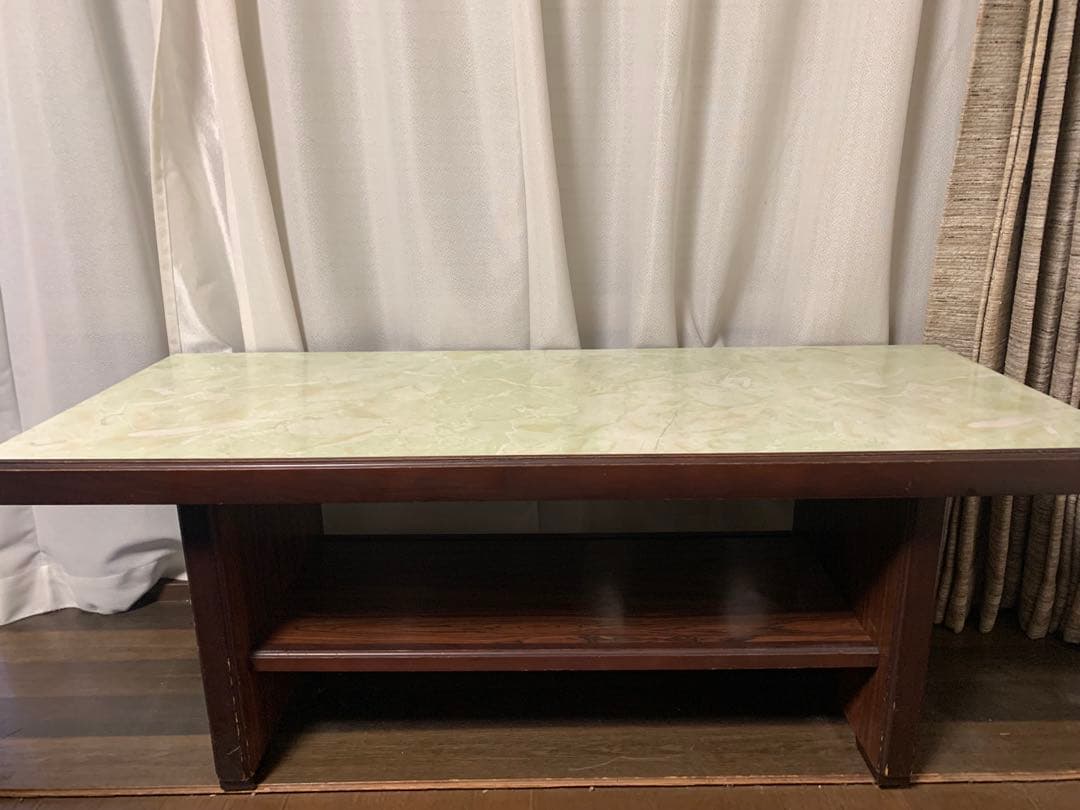 木製ローテーブル 緑色大理石調
