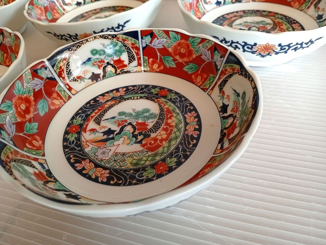 有田焼　昇龍窯　古伊万里　中鉢揃　5枚セット　赤絵　浅鉢　中皿　金彩色絵　煮物鉢