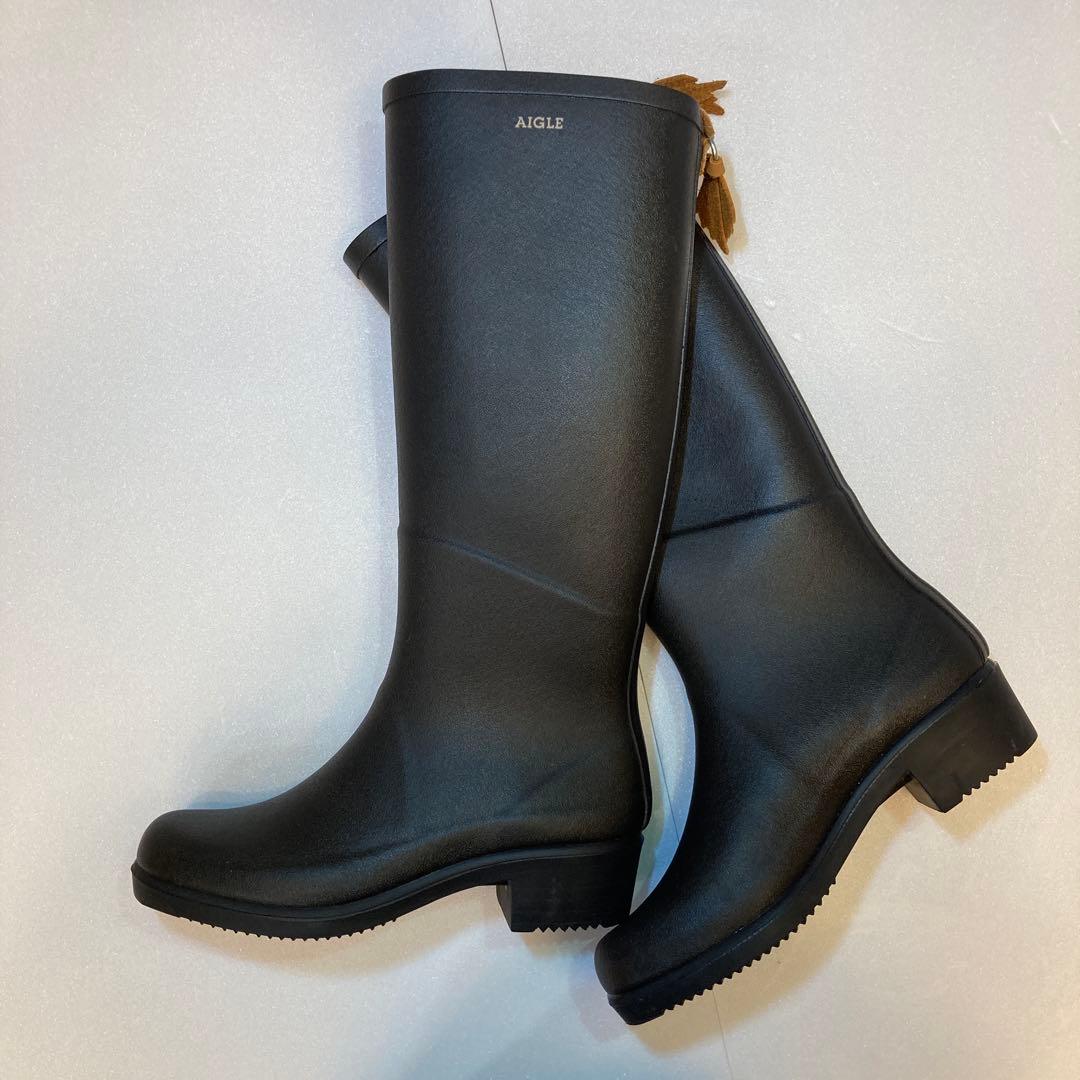 AIGLE ブラック長靴 レザー装飾付き