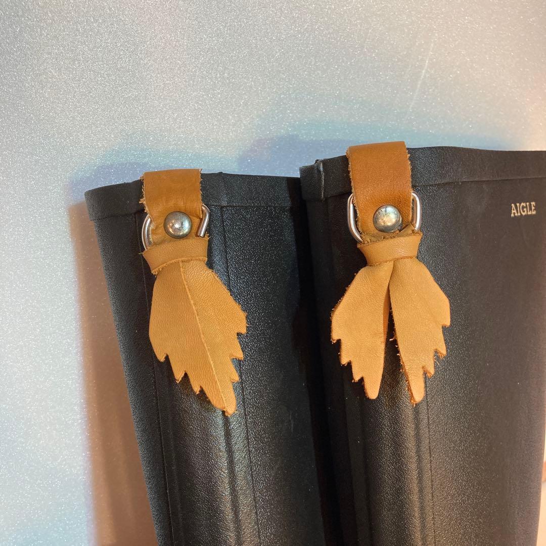 AIGLE ブラック長靴 レザー装飾付き