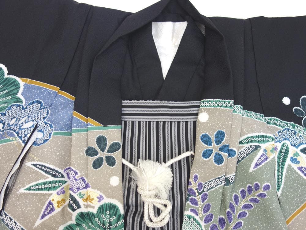 中古美品 七五三 五歳 男の子 9点セット 小物付き 黒■N71022-8