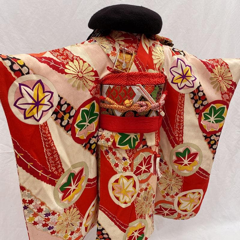 510ag47◎七五三 七歳 女児 アンティーク着物&袋帯 レトロ 総柄 赤◎