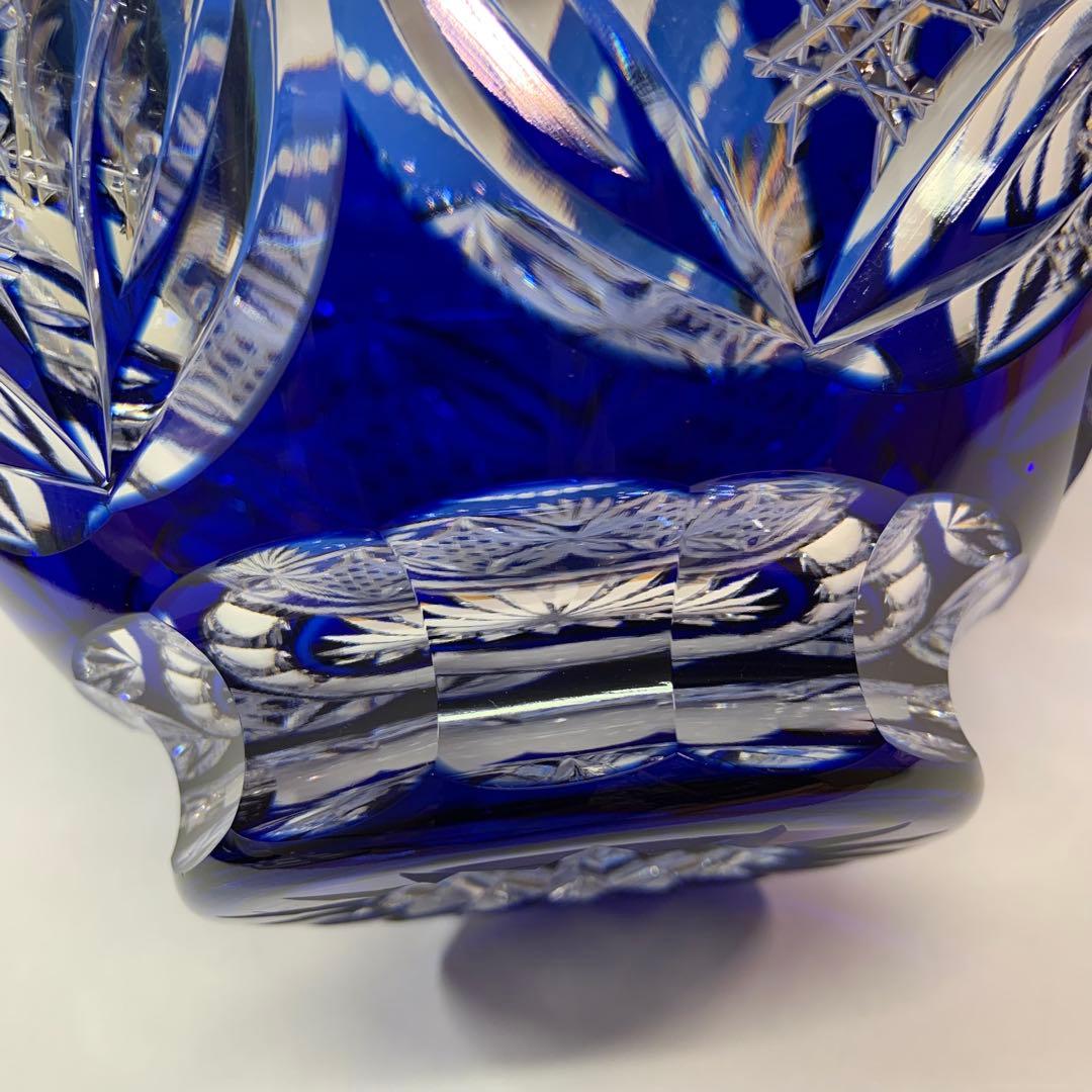 【未使用】カガミクリスタル 江戸切子 花瓶 伝統工芸士木村秋男氏デザイン 青色