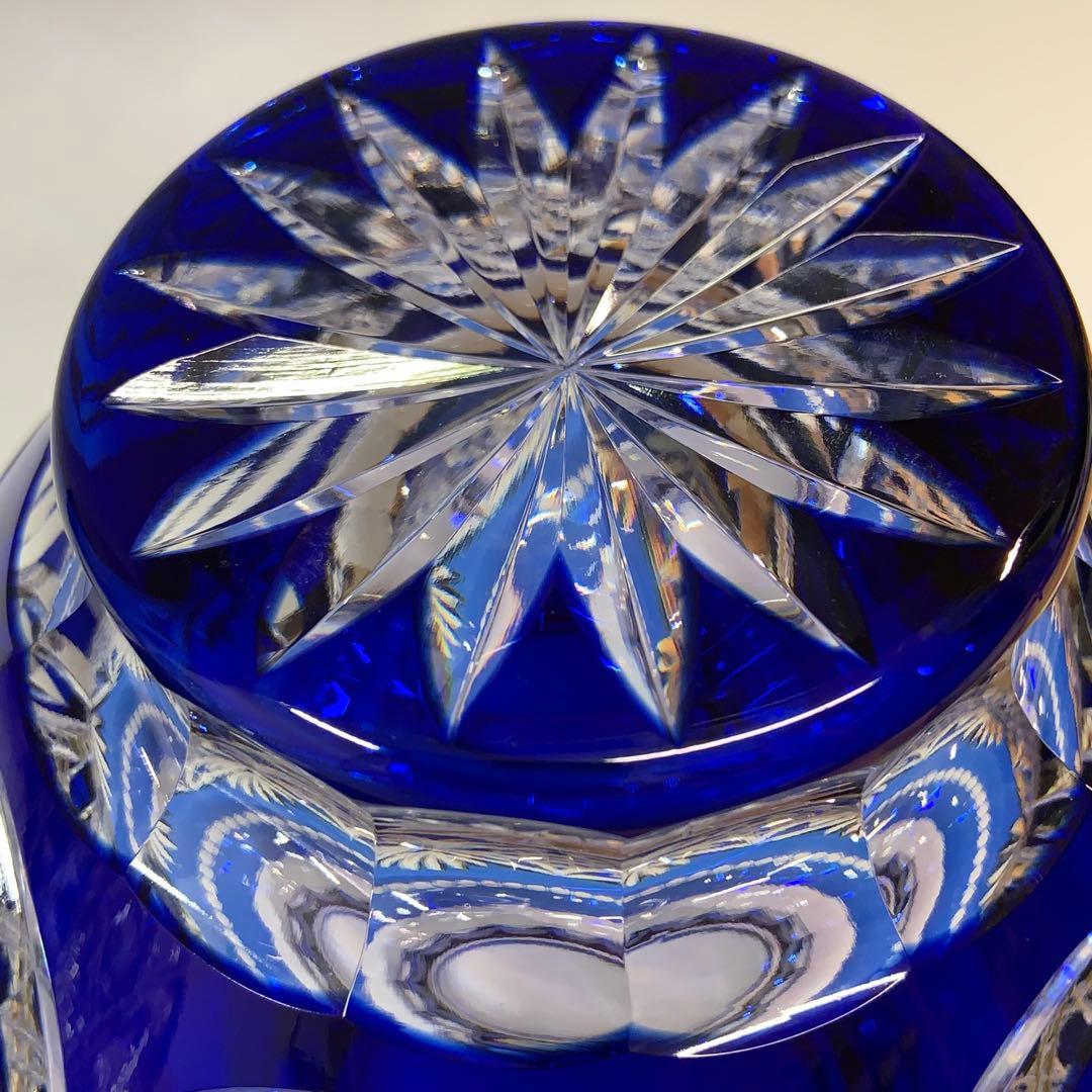 【未使用】カガミクリスタル 江戸切子 花瓶 伝統工芸士木村秋男氏デザイン 青色