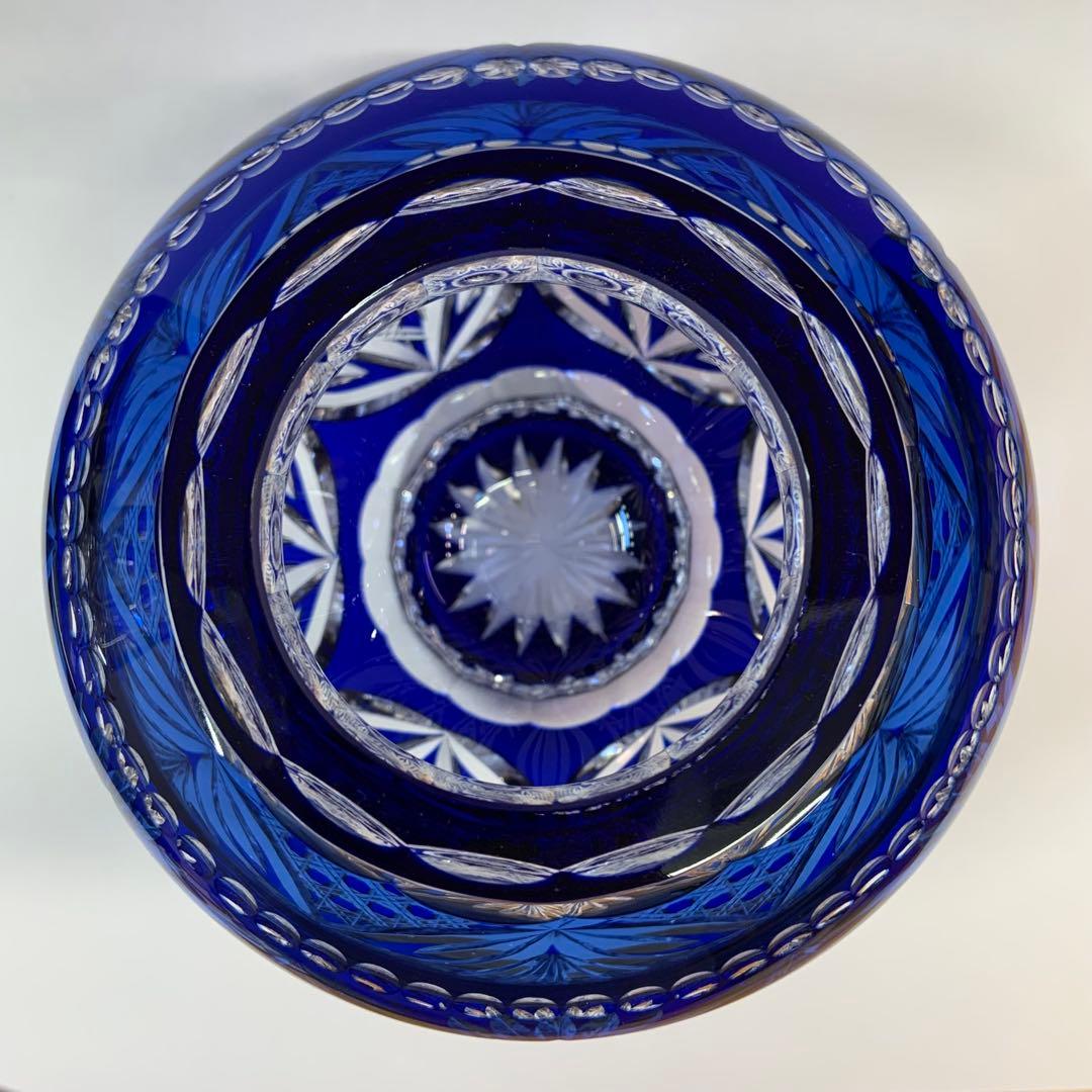 【未使用】カガミクリスタル 江戸切子 花瓶 伝統工芸士木村秋男氏デザイン 青色