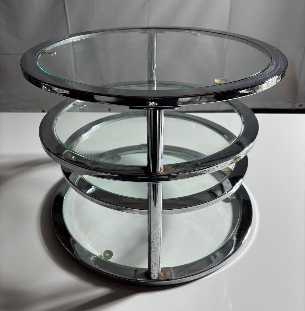 ミッドセンチュリー 4段 ガラスラウンドテーブル 可変式 レトロモダン