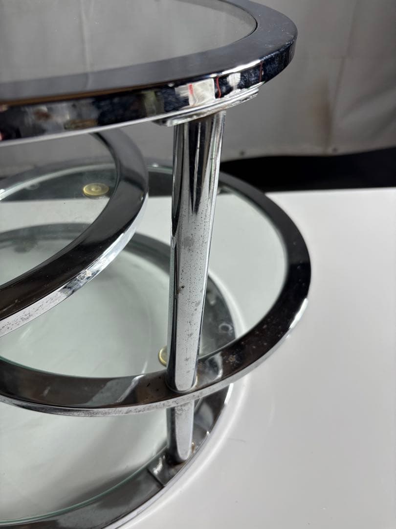 ミッドセンチュリー 4段 ガラスラウンドテーブル 可変式 レトロモダン