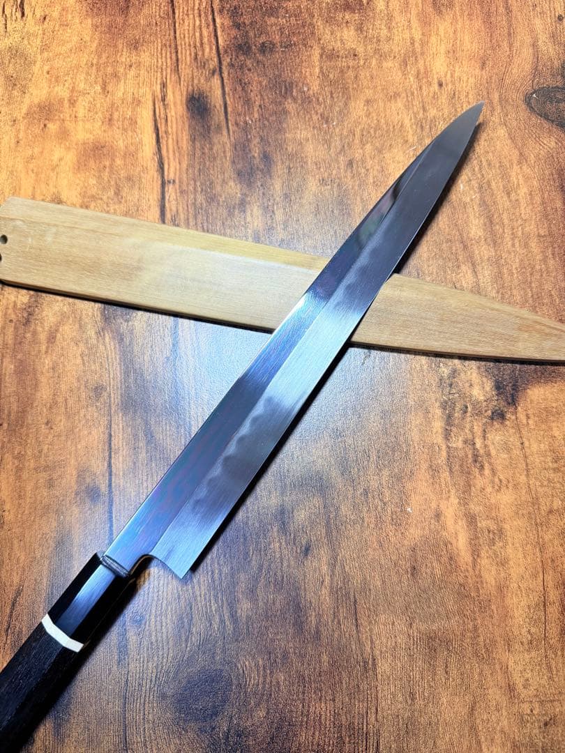 康之　本焼　刺身 柳刃　包丁　尺　鏡面　黒檀水牛八角柄　鞘付き