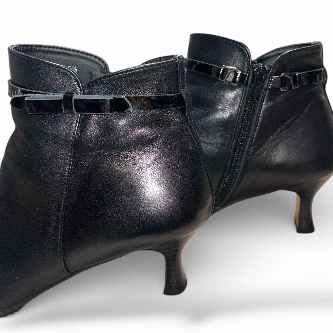 エレガンス卑弥呼 ショートブーツ サイドジップ リボンベルト 25.5 本革黒