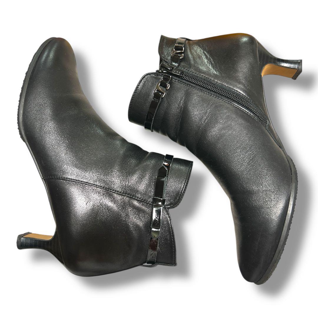 エレガンス卑弥呼 ショートブーツ サイドジップ リボンベルト 25.5 本革黒