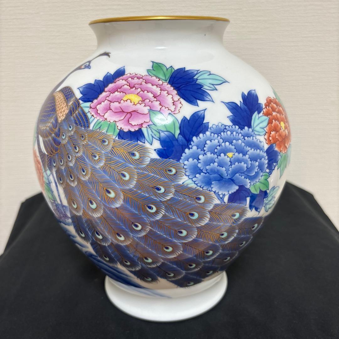 有田焼 香蘭社 色絵 染錦花鳥図 孔雀 牡丹 花瓶 花入 花器