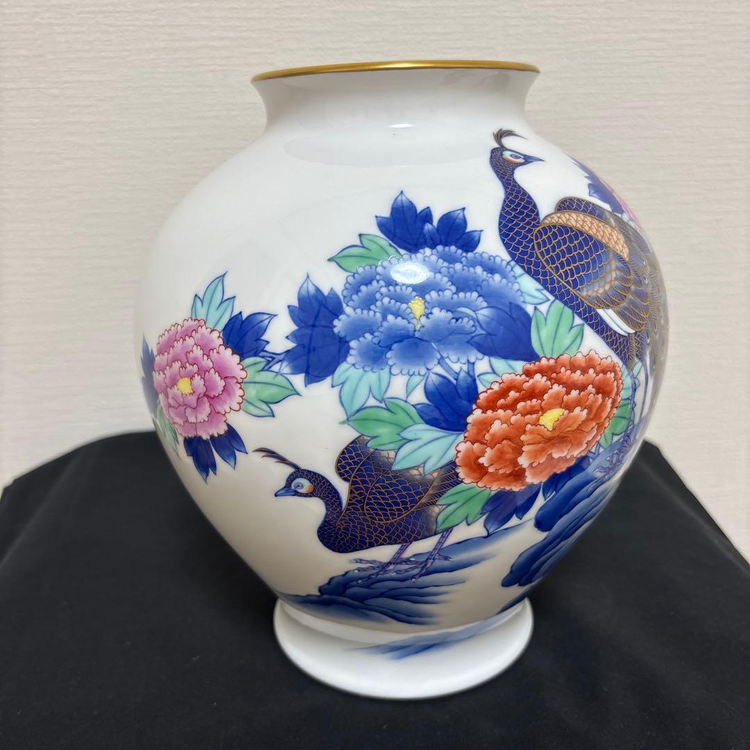 有田焼 香蘭社 色絵 染錦花鳥図 孔雀 牡丹 花瓶 花入 花器