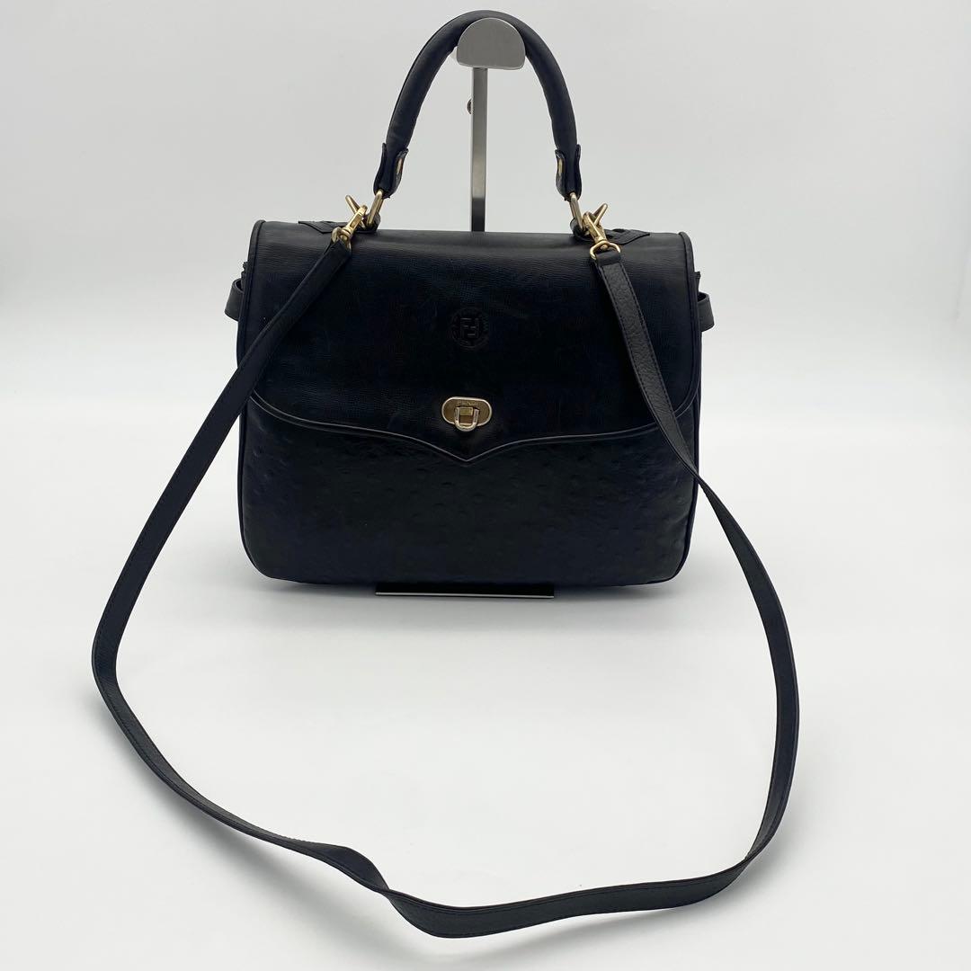 FENDI 2way ショルダーバッグ　FF型押し　オーストリッチ　レザー　黒