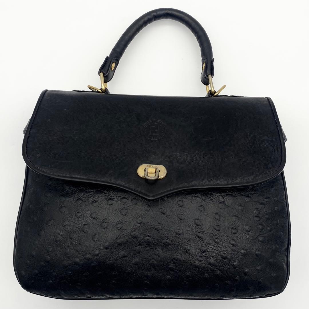 FENDI 2way ショルダーバッグ　FF型押し　オーストリッチ　レザー　黒