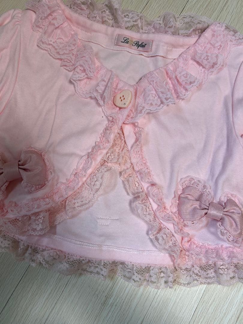 新品 La Pafait ピンク フリル リボン 半袖カーディガン
