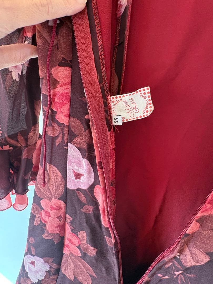 フラメンコ衣装　ドレス　ダーク紅色 ピンク花柄