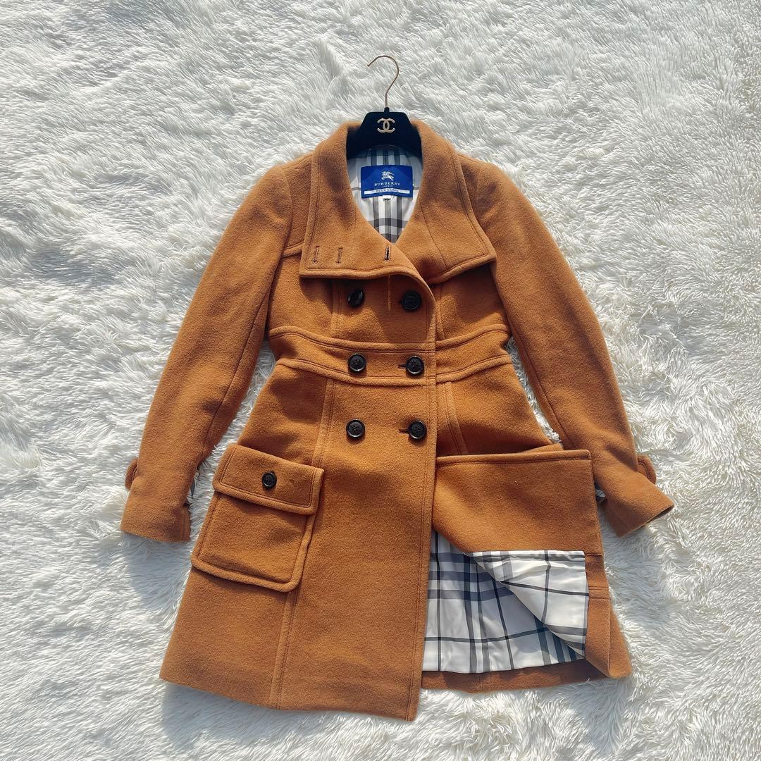 バーバリー ブルーレーベル ロングコート キャメル チェック裏地 ウール混 40