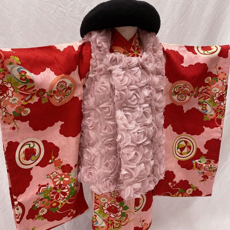 507ag48◎七五三 三歳 女の子 アンティーク着物&長襦袢 ピンク◎