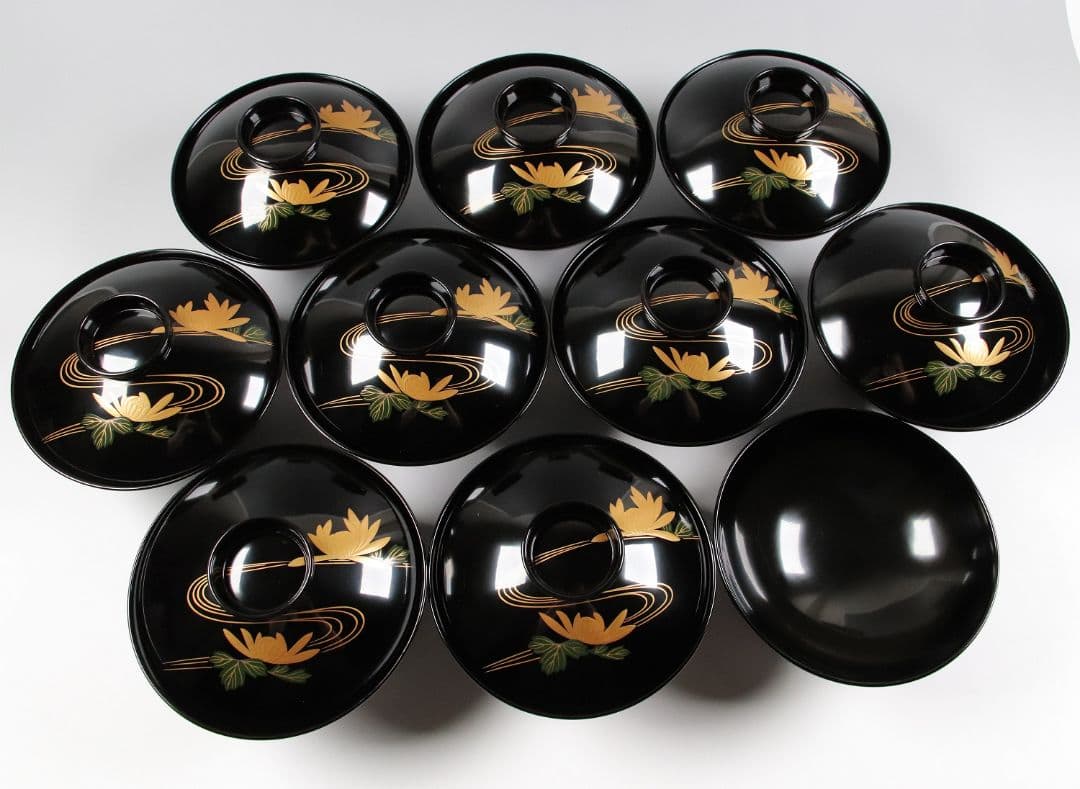 CK73 能登輪島塗 漆光堂謹製 流水菊 金蒔絵 黒塗吸物椀 九客 木箱 木製