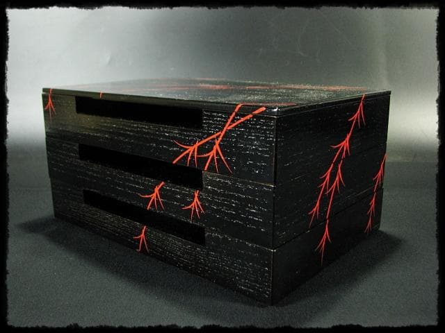 鵬雲斎好 田楽 菓子器 加州 賀峰 朱柳 掻合塗 三段重 裏千家茶道具 f301