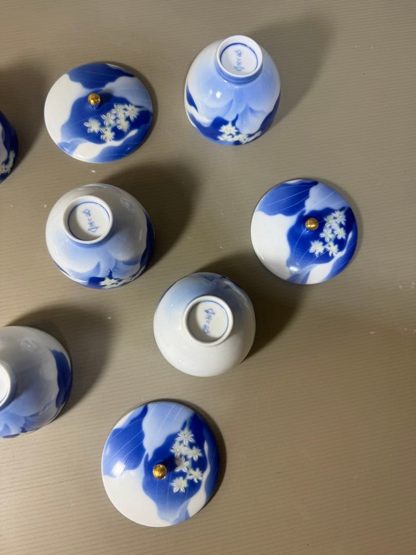 2386 深川製磁　白い花　湯呑　蓋付き　5客　未使用