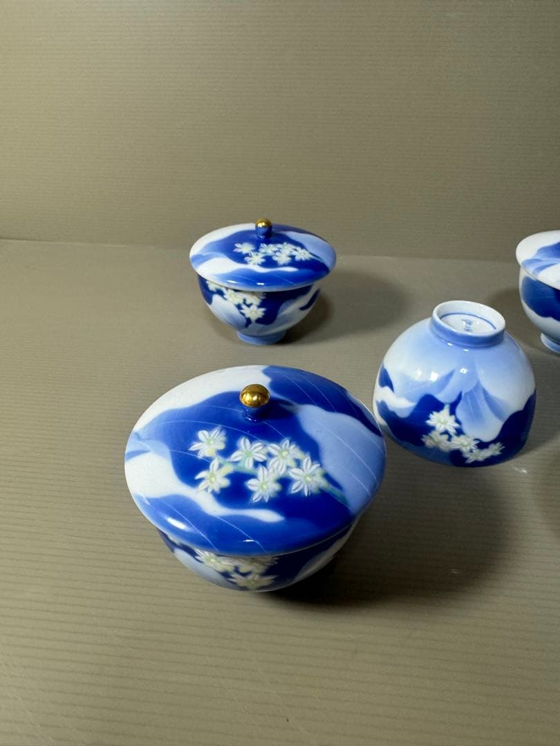 2386 深川製磁　白い花　湯呑　蓋付き　5客　未使用