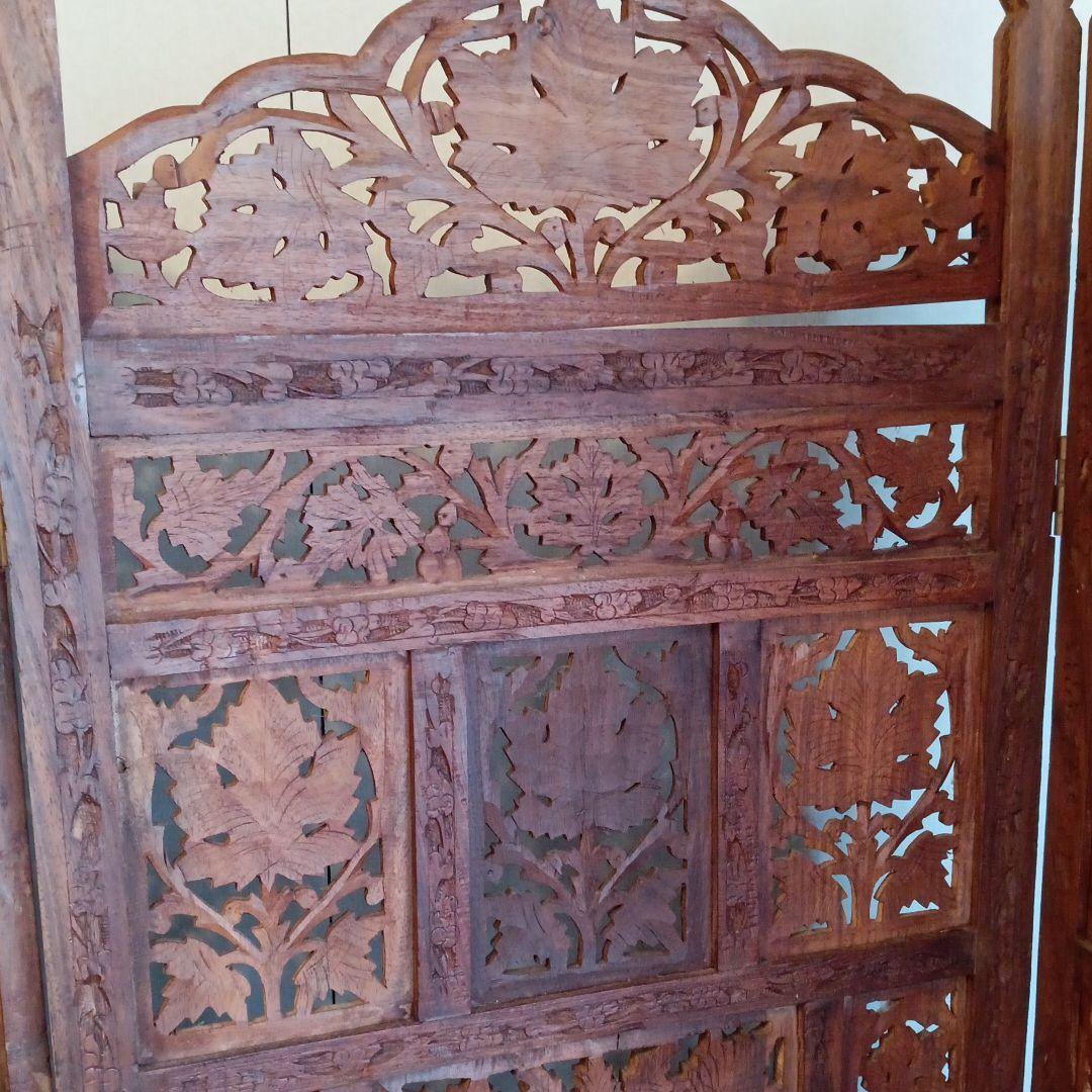 アンティク アジアン手彫り屏風工芸品