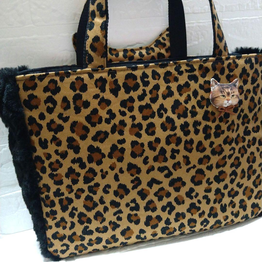 ゆ*ら様 コヤンイサムチョン☆横長トートバッグ　ヒョウ柄&ボアキルトパール　黒猫