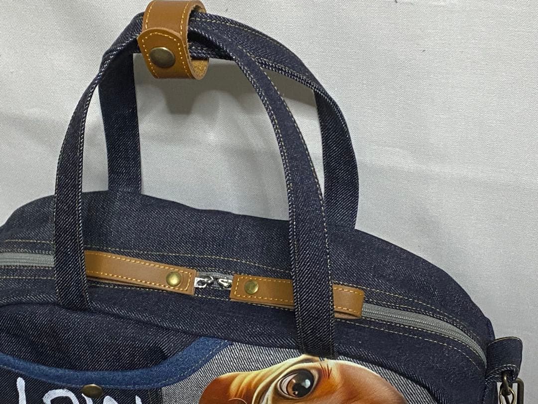ハンドメイド☆岡山デニム☆ダックスフンド☆3way横長ボストンバッグ