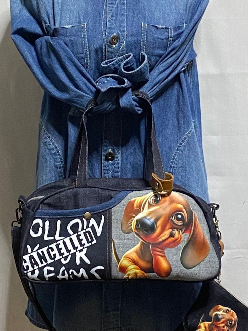 ハンドメイド☆岡山デニム☆ダックスフンド☆3way横長ボストンバッグ