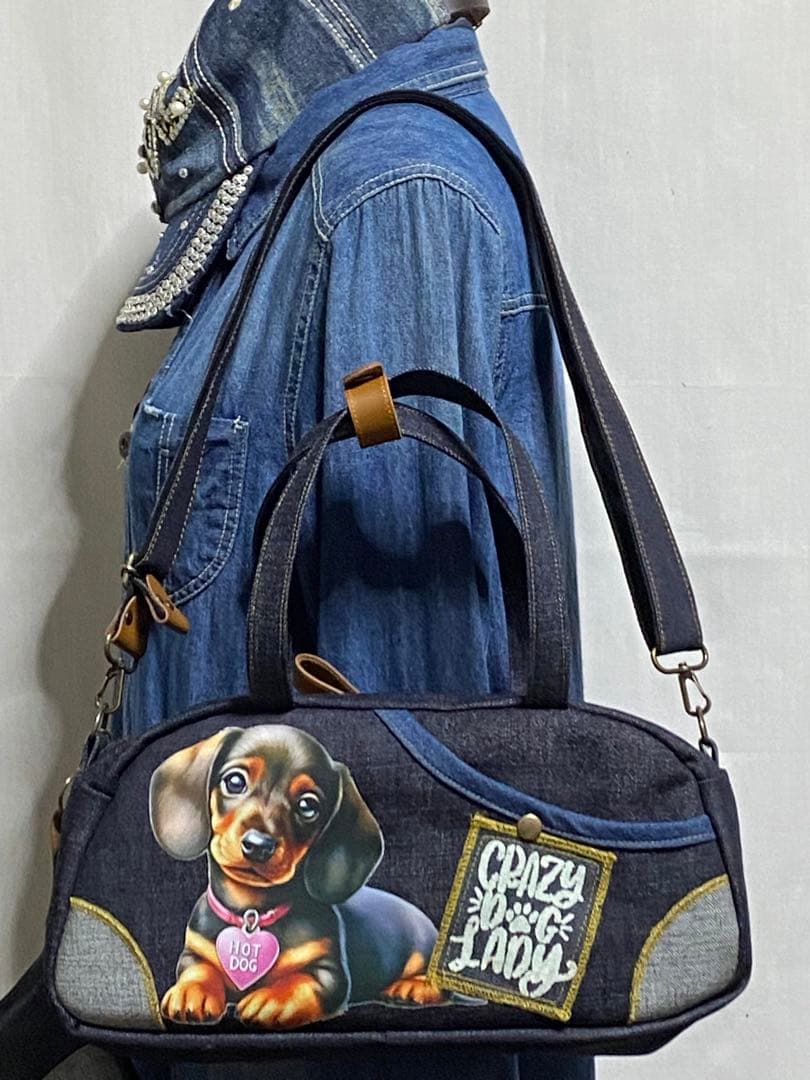 ハンドメイド☆岡山デニム☆ダックスフンド☆3way横長ボストンバッグ