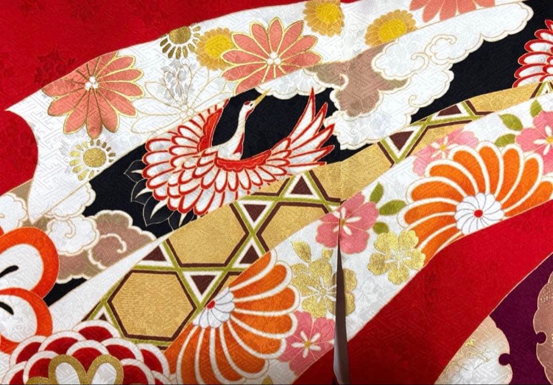 赤 吉祥文様 熨斗 鶴 華 振袖 身丈161