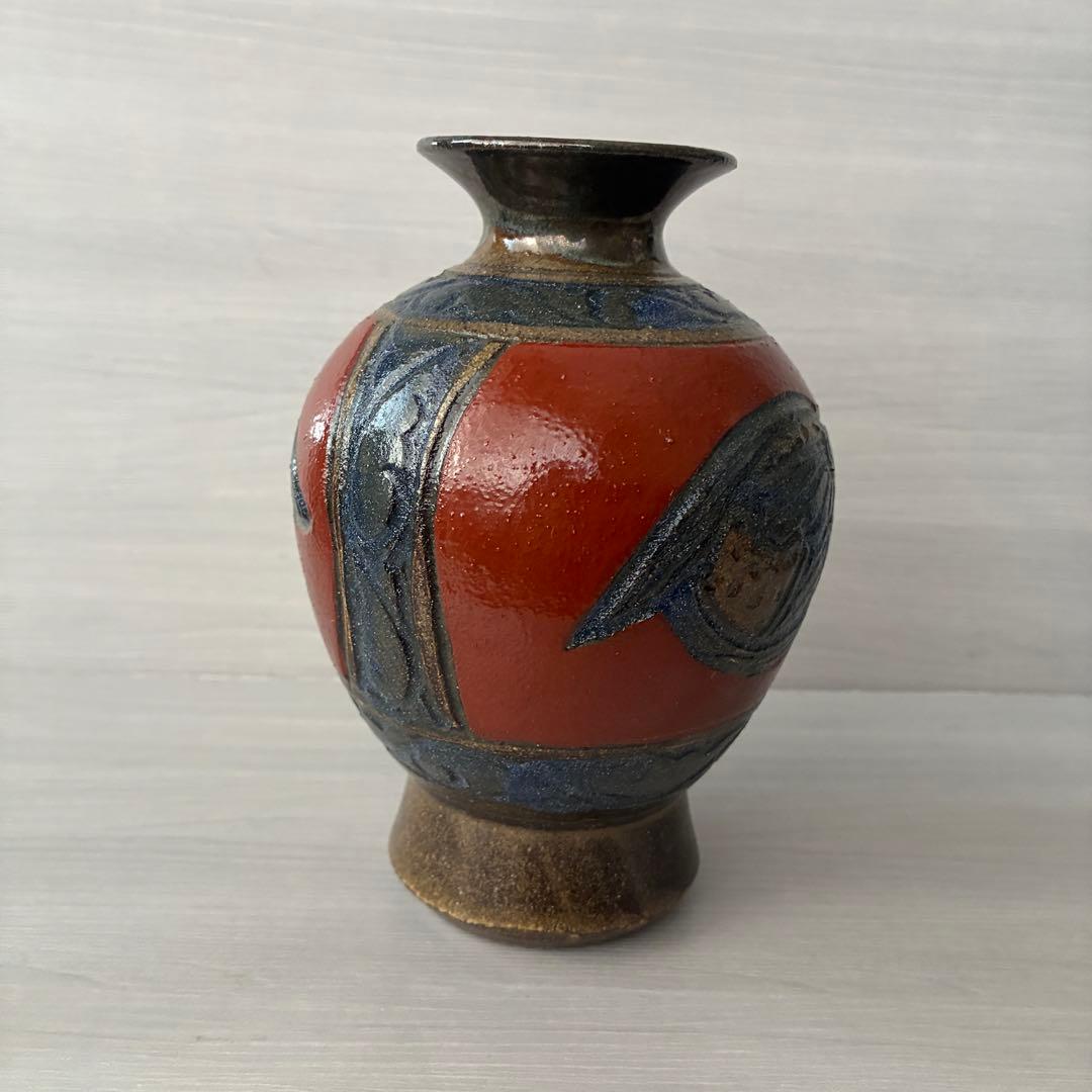 壺屋焼　小橋川清正　赤絵　魚紋　花瓶　沖縄　花器　インテリア　壺　工芸品