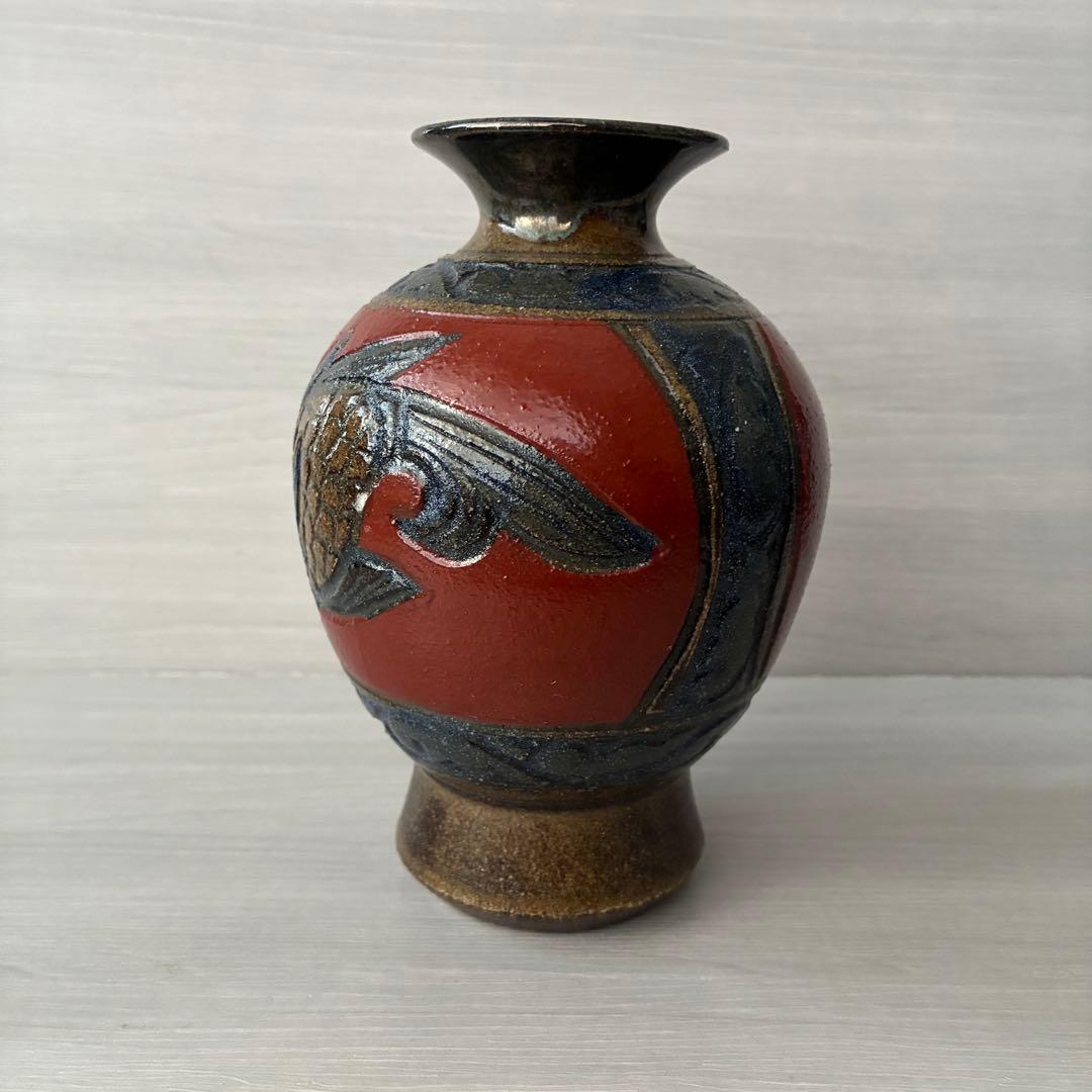 壺屋焼　小橋川清正　赤絵　魚紋　花瓶　沖縄　花器　インテリア　壺　工芸品