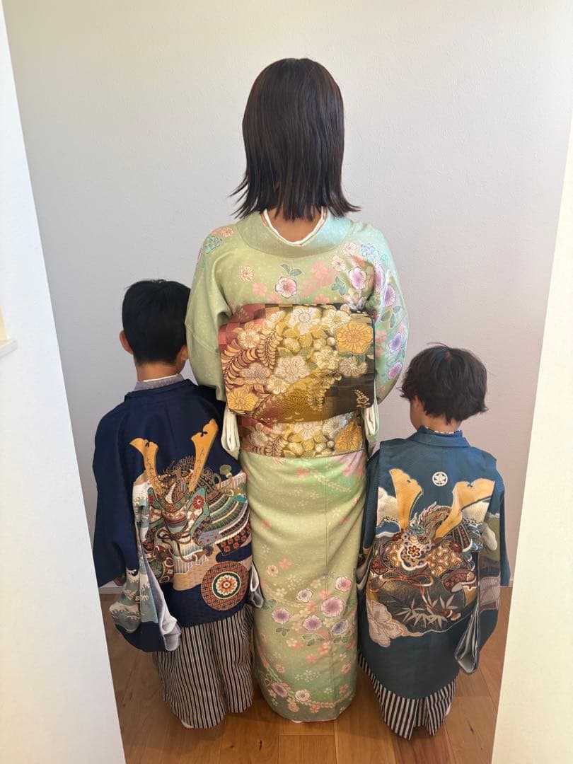 子供用 兜　刺繍 和装 青色　兄弟　リンクコーデ