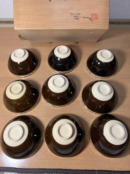 657 清栄寺窯 杉田祥平　天目色絵七宝画　茶碗　9客　未使用　　　有田焼