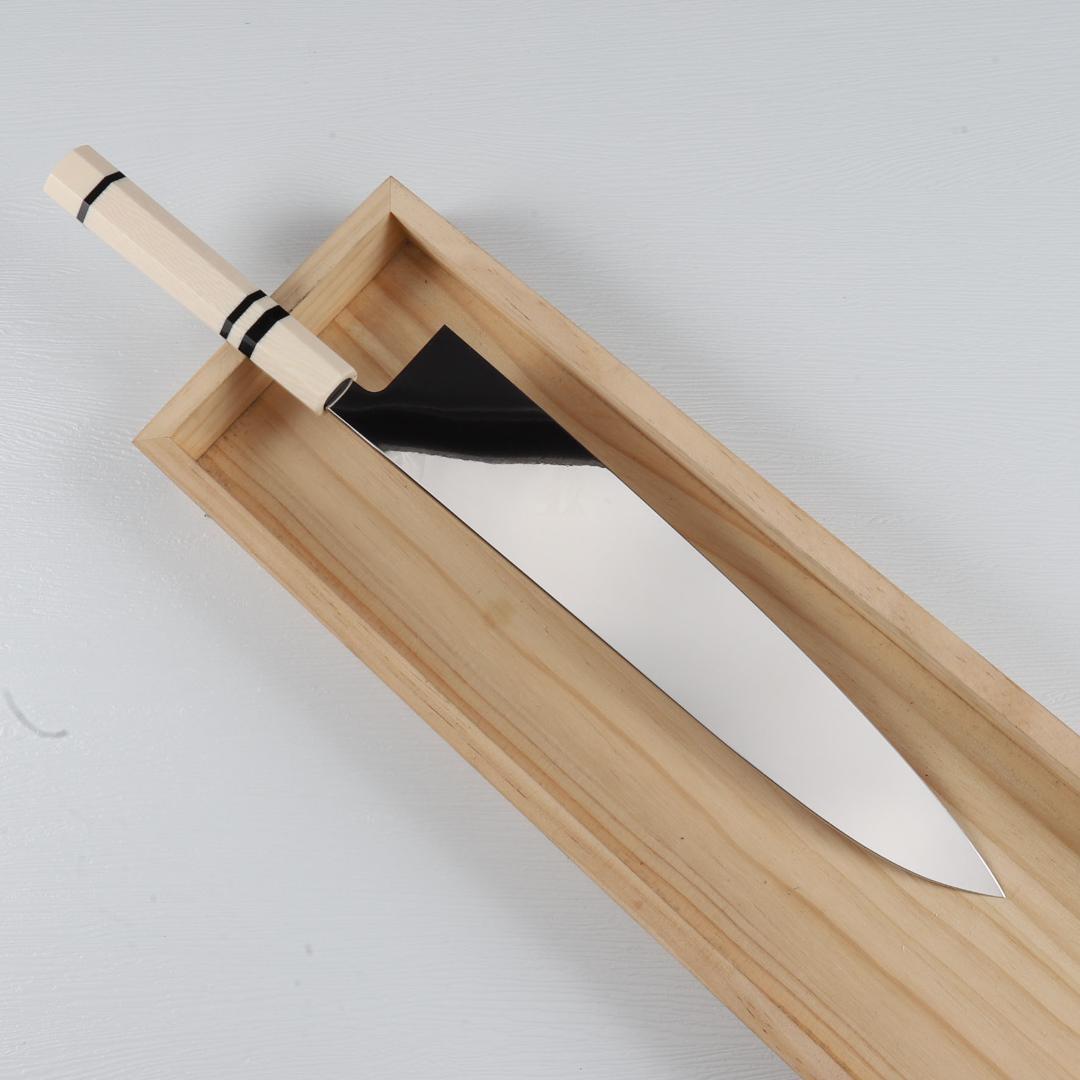 梵静刃物 牛刀 尺 ウルトラ鏡面仕上げ 和牛刀 両刃包丁 人工象牙黒三本巻八角柄
