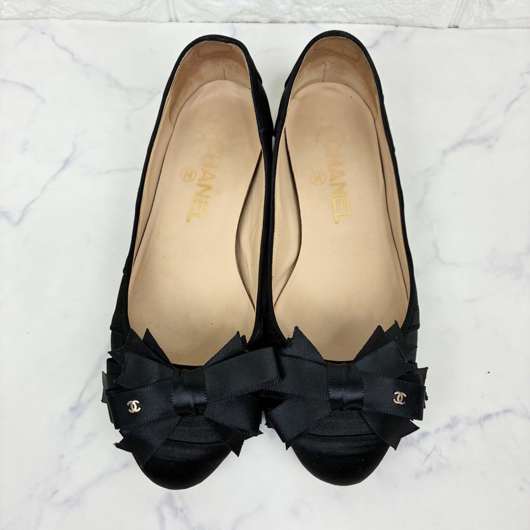 シャネル　パンプス　サテンリボン　ココマーク　バレエシューズ