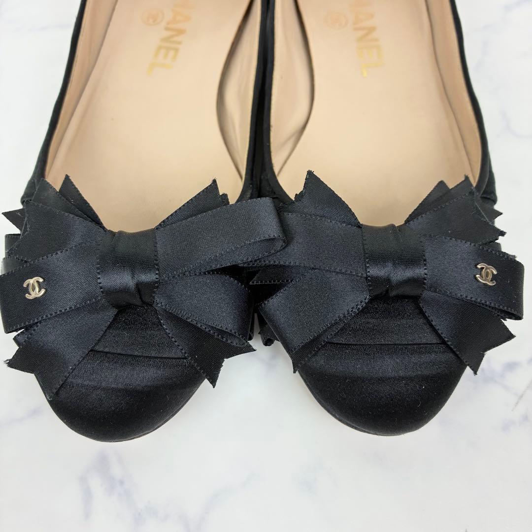 シャネル　パンプス　サテンリボン　ココマーク　バレエシューズ