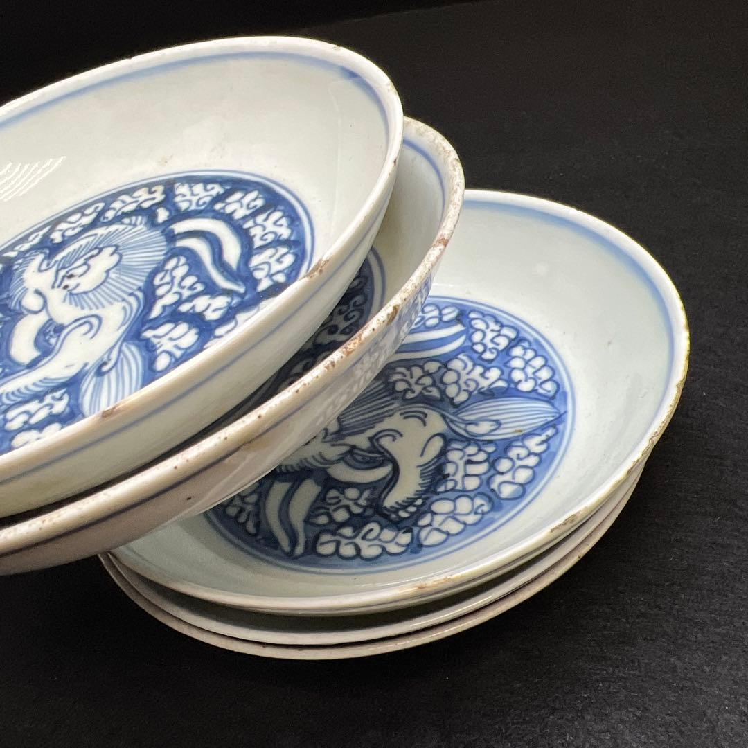 中国明時代　古染付龍図中皿10枚　木箱付　直径約13㎝　東Y8-0114☆2F