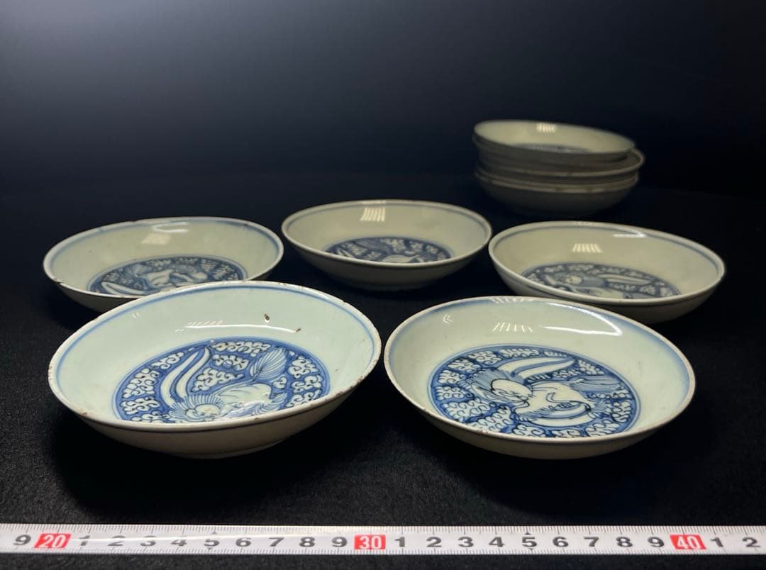 中国明時代　古染付龍図中皿10枚　木箱付　直径約13㎝　東Y8-0114☆2F