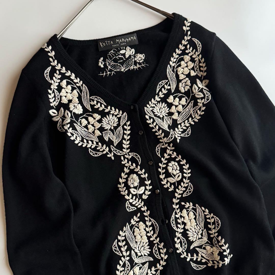 ケイタマルヤマ ウールカシミヤ ニット カーディガン 花刺繍 黒 1 フラワー